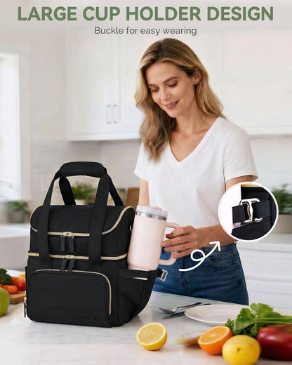 Double Layer Insulated Lunch Bag with Shoulder Strap, 12L, Black | Leakproof Ice Cooler Base, Cup Holder Buckle & Mesh Utensil Pocket, Oxford Waterproof Fabric, 3-Way Carry