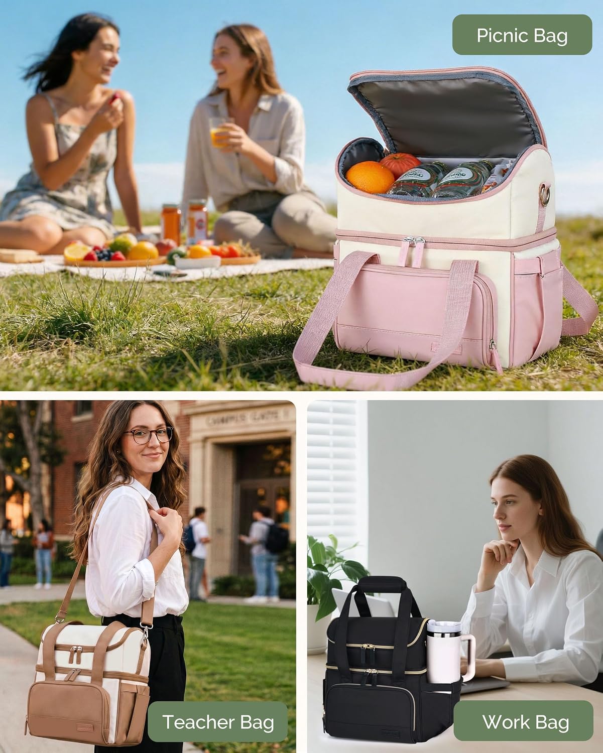Double Layer Insulated Lunch Bag with Shoulder Strap, 12L, Black | Leakproof Ice Cooler Base, Cup Holder Buckle & Mesh Utensil Pocket, Oxford Waterproof Fabric, 3-Way Carry
