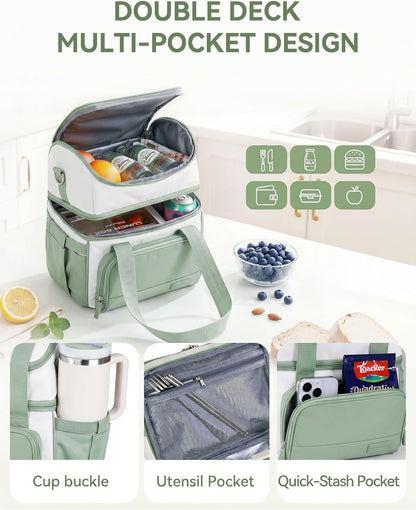 Double Layer Insulated Lunch Bag with Shoulder Strap, 12L, Black | Leakproof Ice Cooler Base, Cup Holder Buckle & Mesh Utensil Pocket, Oxford Waterproof Fabric, 3-Way Carry