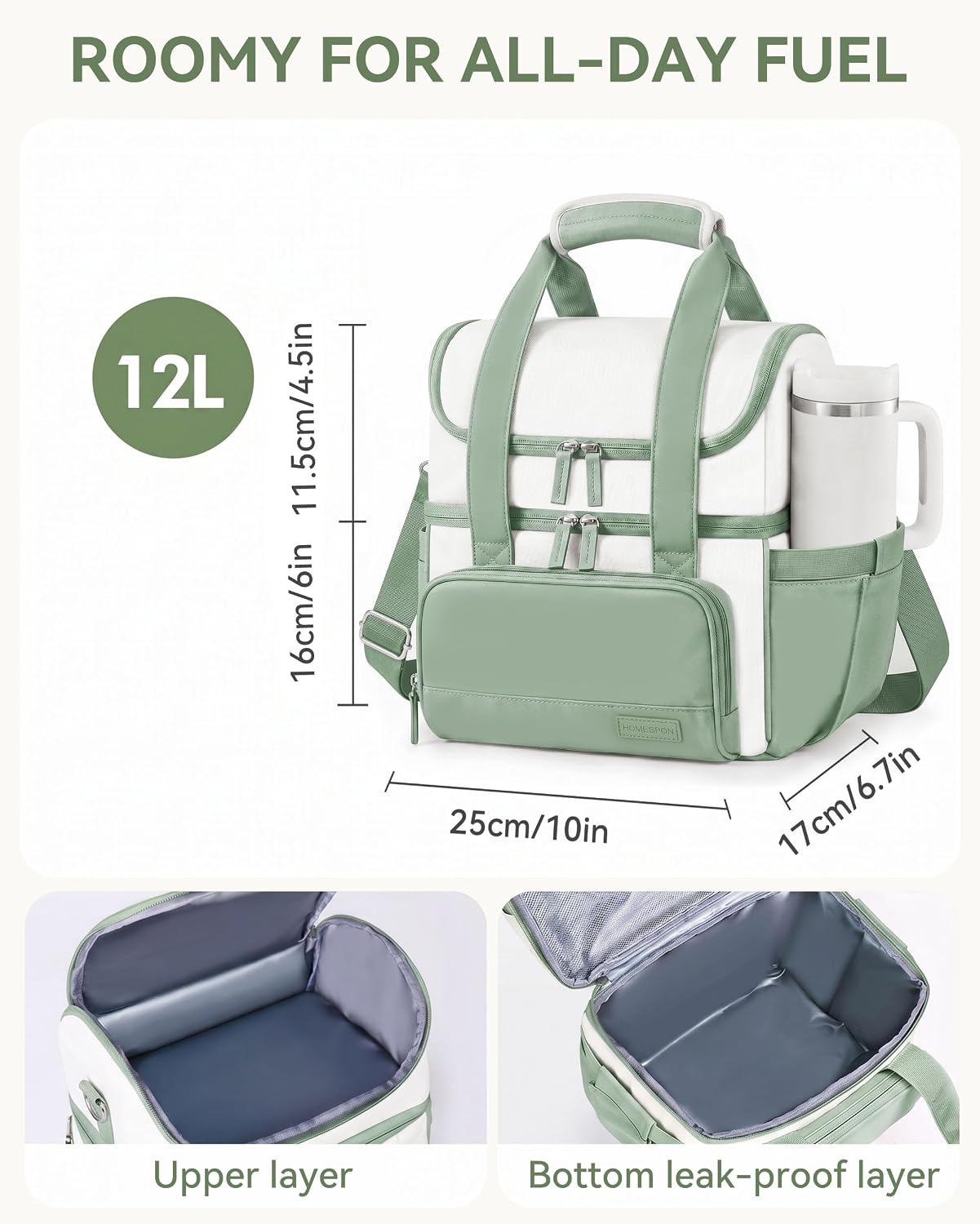 Double Layer Insulated Lunch Bag with Shoulder Strap, 12L, Black | Leakproof Ice Cooler Base, Cup Holder Buckle & Mesh Utensil Pocket, Oxford Waterproof Fabric, 3-Way Carry