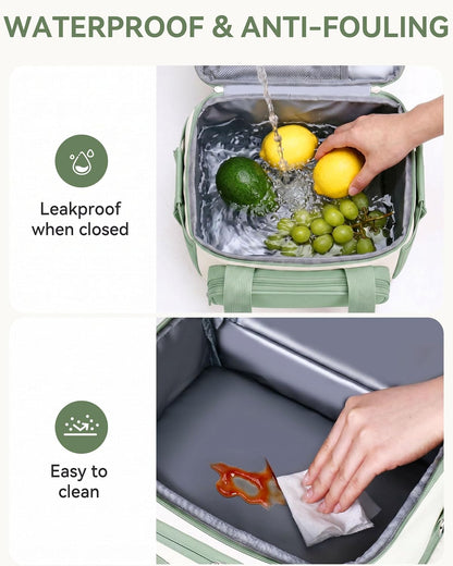 Double Layer Insulated Lunch Bag with Shoulder Strap, 12L, Black | Leakproof Ice Cooler Base, Cup Holder Buckle & Mesh Utensil Pocket, Oxford Waterproof Fabric, 3-Way Carry
