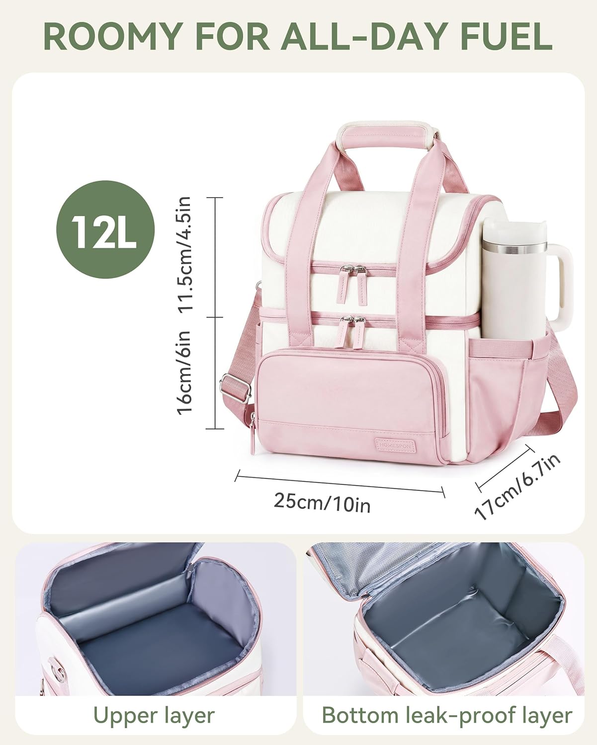Double Layer Insulated Lunch Bag with Shoulder Strap, 12L, Black | Leakproof Ice Cooler Base, Cup Holder Buckle & Mesh Utensil Pocket, Oxford Waterproof Fabric, 3-Way Carry