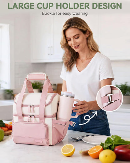 Double Layer Insulated Lunch Bag with Shoulder Strap, 12L, Black | Leakproof Ice Cooler Base, Cup Holder Buckle & Mesh Utensil Pocket, Oxford Waterproof Fabric, 3-Way Carry