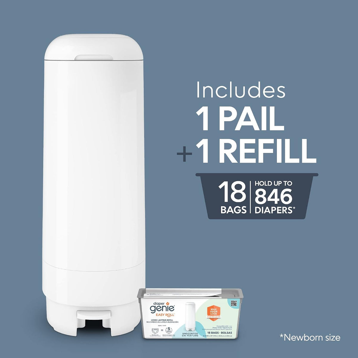Signature Pail Includes 1 Easy Roll Refill with 18 Bags | Holds Up to 846 Newborn-Sized Diapers Per Refill