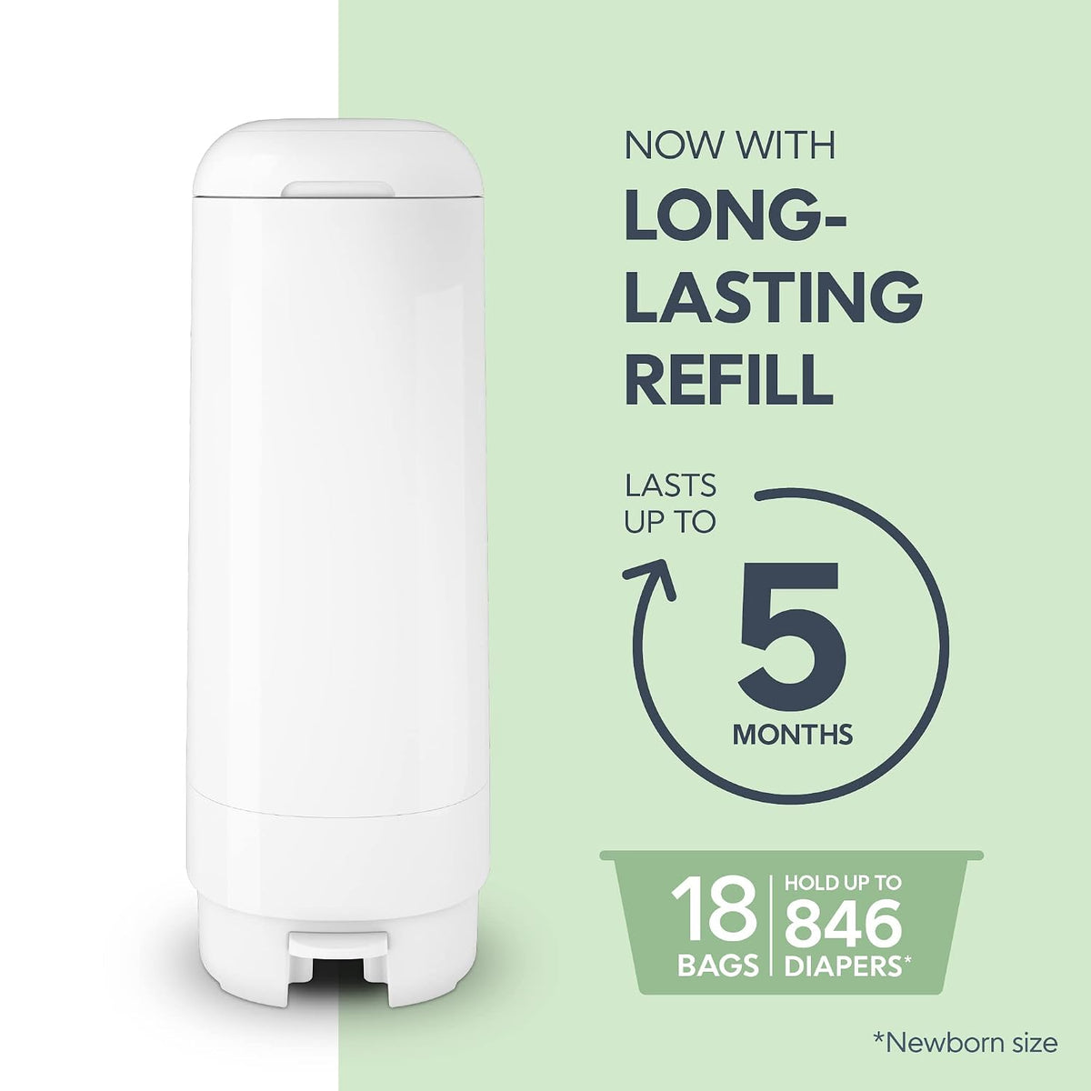 Signature Pail Includes 1 Easy Roll Refill with 18 Bags | Holds Up to 846 Newborn-Sized Diapers Per Refill