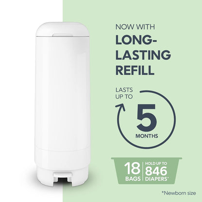 Signature Pail Includes 1 Easy Roll Refill with 18 Bags | Holds Up to 846 Newborn-Sized Diapers Per Refill