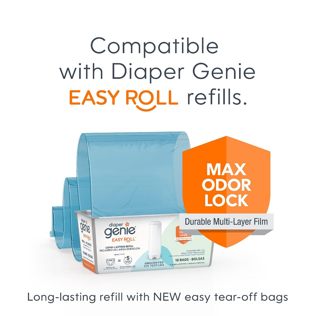 Signature Pail Includes 1 Easy Roll Refill with 18 Bags | Holds Up to 846 Newborn-Sized Diapers Per Refill