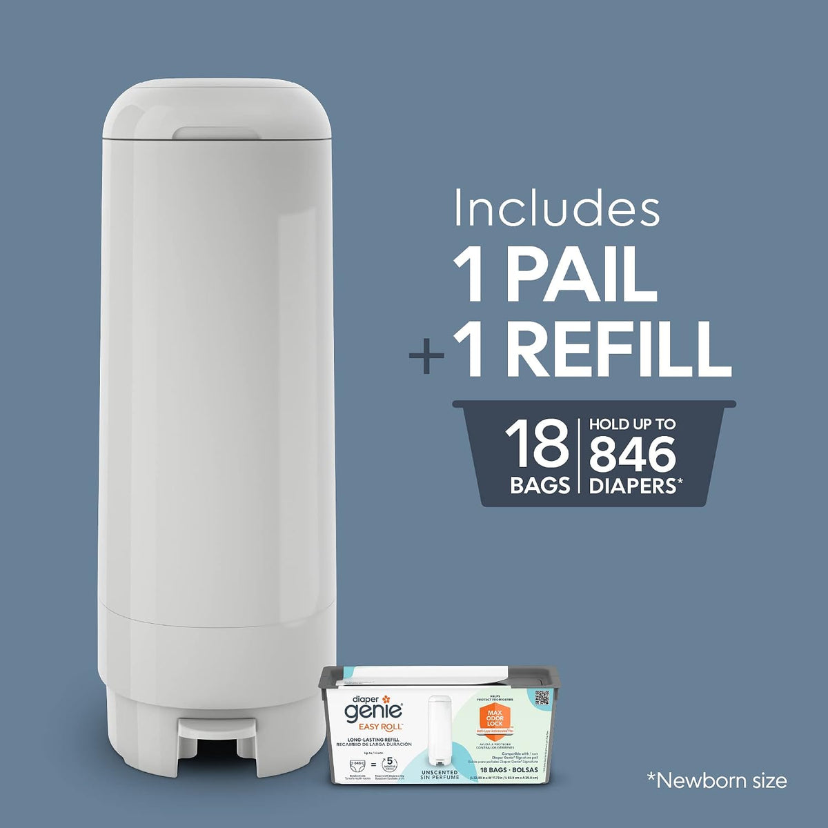 Signature Pail Includes 1 Easy Roll Refill with 18 Bags | Holds Up to 846 Newborn-Sized Diapers Per Refill