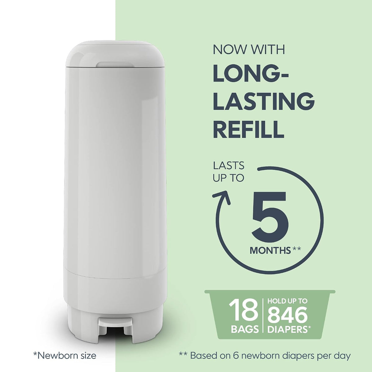 Signature Pail Includes 1 Easy Roll Refill with 18 Bags | Holds Up to 846 Newborn-Sized Diapers Per Refill