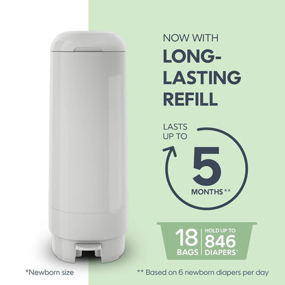 Signature Pail Includes 1 Easy Roll Refill with 18 Bags | Holds Up to 846 Newborn-Sized Diapers Per Refill