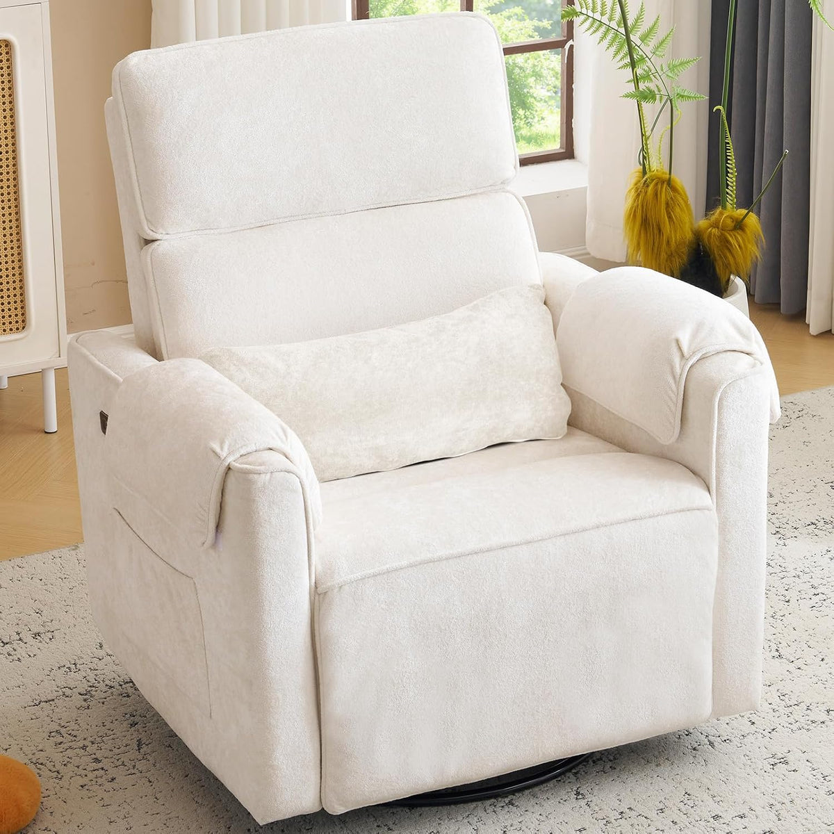 Oversized Power Recliner Chair Swivel Glider with Adjustable Headrest, 24" Extra Wide Glider Nursery Chair with Overstuffed Armrest, USB Ports, Chenille Fabric, Cream