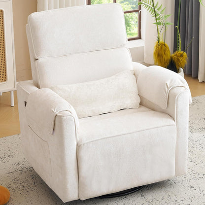 Oversized Power Recliner Chair Swivel Glider with Adjustable Headrest, 24" Extra Wide Glider Nursery Chair with Overstuffed Armrest, USB Ports, Chenille Fabric, Cream
