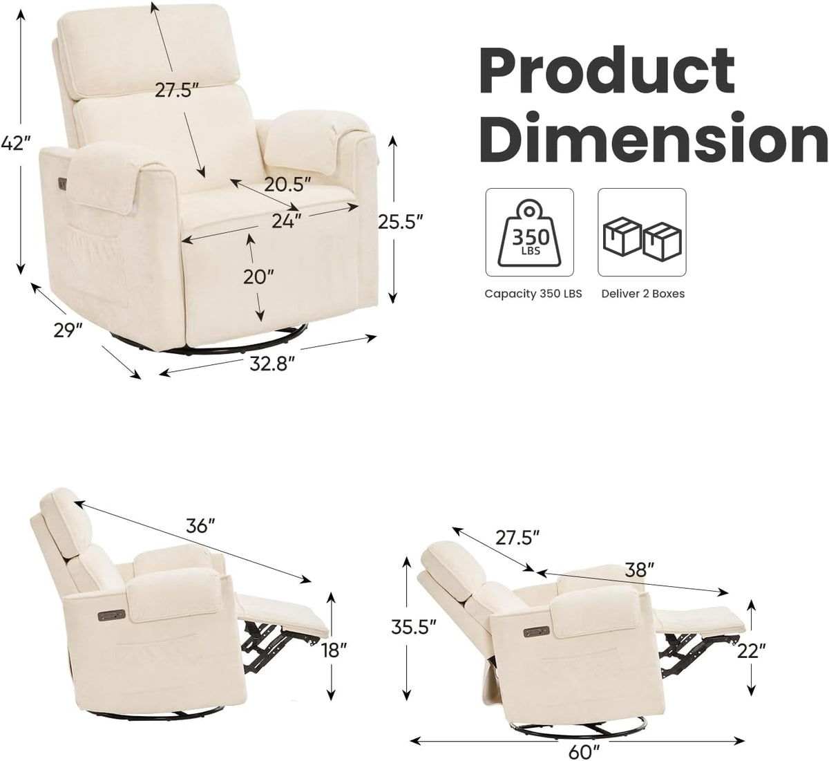 Oversized Power Recliner Chair Swivel Glider with Adjustable Headrest, 24" Extra Wide Glider Nursery Chair with Overstuffed Armrest, USB Ports, Chenille Fabric, Cream
