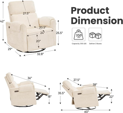 Oversized Power Recliner Chair Swivel Glider with Adjustable Headrest, 24" Extra Wide Glider Nursery Chair with Overstuffed Armrest, USB Ports, Chenille Fabric, Cream