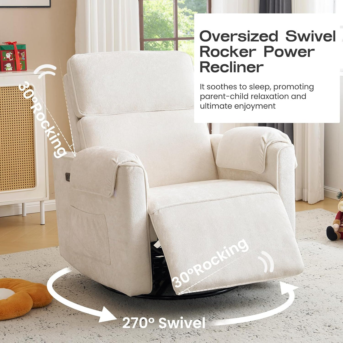 Oversized Power Recliner Chair Swivel Glider with Adjustable Headrest, 24" Extra Wide Glider Nursery Chair with Overstuffed Armrest, USB Ports, Chenille Fabric, Cream