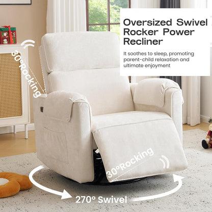 Oversized Power Recliner Chair Swivel Glider with Adjustable Headrest, 24" Extra Wide Glider Nursery Chair with Overstuffed Armrest, USB Ports, Chenille Fabric, Cream