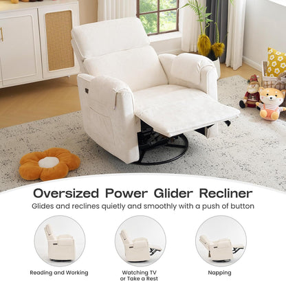 Oversized Power Recliner Chair Swivel Glider with Adjustable Headrest, 24" Extra Wide Glider Nursery Chair with Overstuffed Armrest, USB Ports, Chenille Fabric, Cream