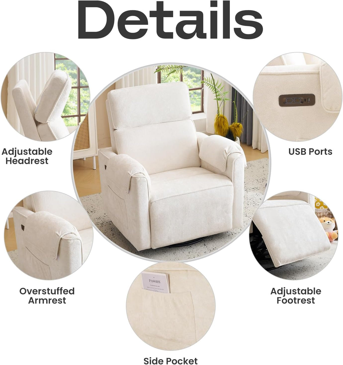 Oversized Power Recliner Chair Swivel Glider with Adjustable Headrest, 24" Extra Wide Glider Nursery Chair with Overstuffed Armrest, USB Ports, Chenille Fabric, Cream