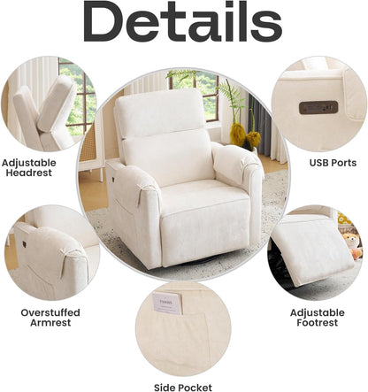 Oversized Power Recliner Chair Swivel Glider with Adjustable Headrest, 24" Extra Wide Glider Nursery Chair with Overstuffed Armrest, USB Ports, Chenille Fabric, Cream