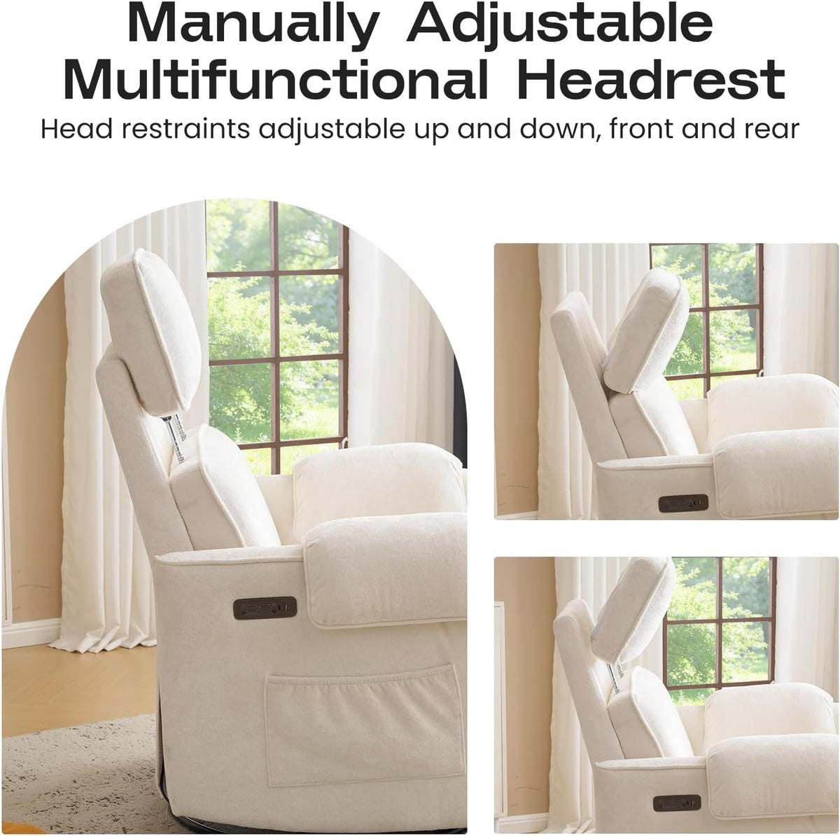 Oversized Power Recliner Chair Swivel Glider with Adjustable Headrest, 24" Extra Wide Glider Nursery Chair with Overstuffed Armrest, USB Ports, Chenille Fabric, Cream