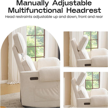 Oversized Power Recliner Chair Swivel Glider with Adjustable Headrest, 24" Extra Wide Glider Nursery Chair with Overstuffed Armrest, USB Ports, Chenille Fabric, Cream