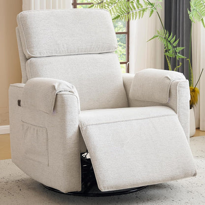 Oversized Power Recliner Chair Swivel Glider with Adjustable Headrest, 24" Extra Wide Glider Nursery Chair with Overstuffed Armrest, USB Ports, Chenille Fabric, Cream