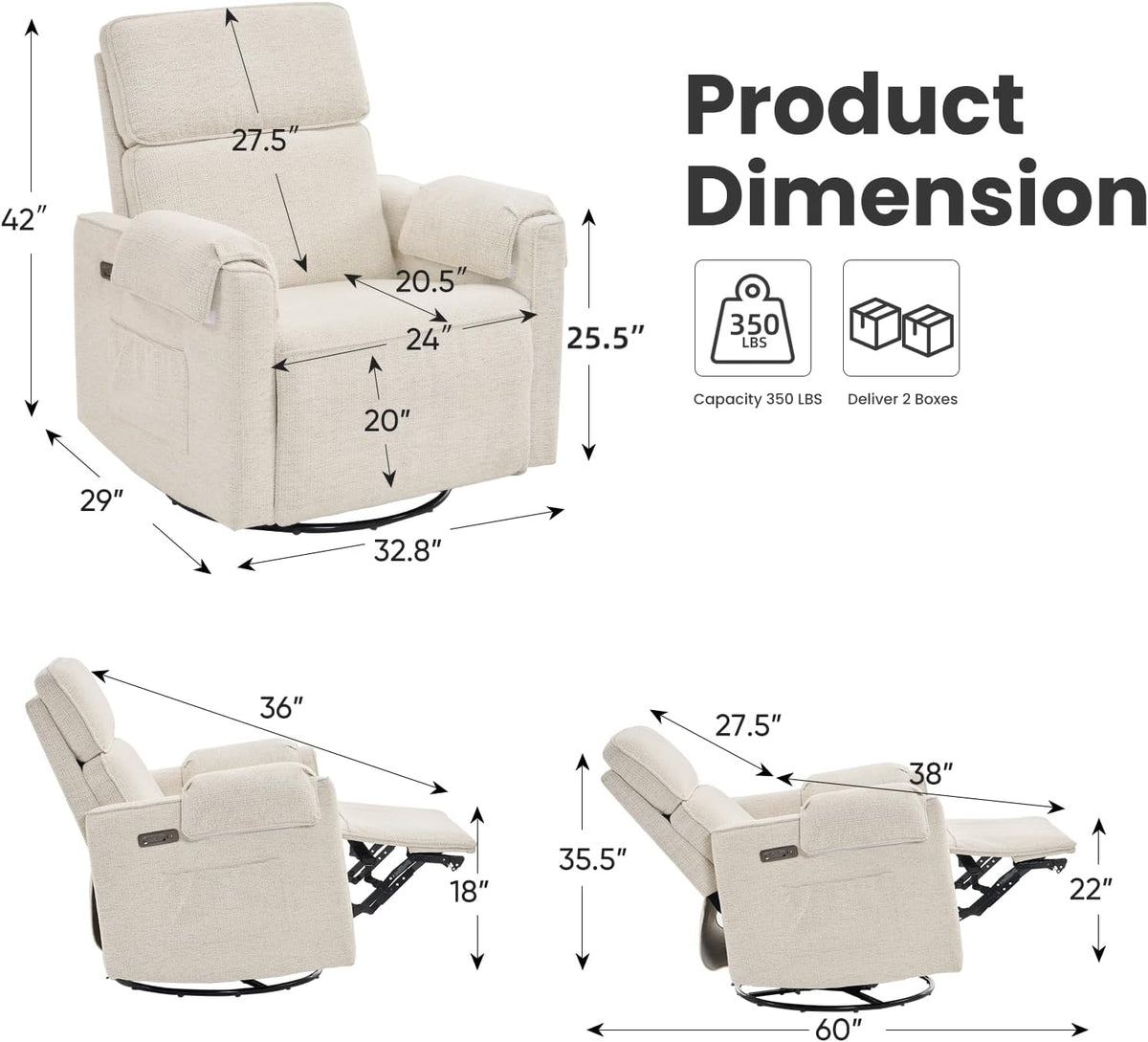 Oversized Power Recliner Chair Swivel Glider with Adjustable Headrest, 24" Extra Wide Glider Nursery Chair with Overstuffed Armrest, USB Ports, Chenille Fabric, Cream