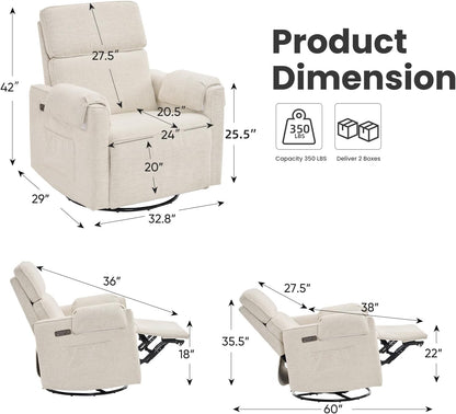 Oversized Power Recliner Chair Swivel Glider with Adjustable Headrest, 24" Extra Wide Glider Nursery Chair with Overstuffed Armrest, USB Ports, Chenille Fabric, Cream