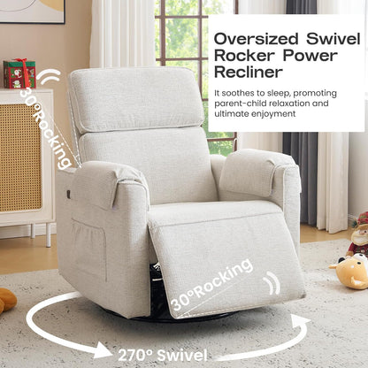Oversized Power Recliner Chair Swivel Glider with Adjustable Headrest, 24" Extra Wide Glider Nursery Chair with Overstuffed Armrest, USB Ports, Chenille Fabric, Cream