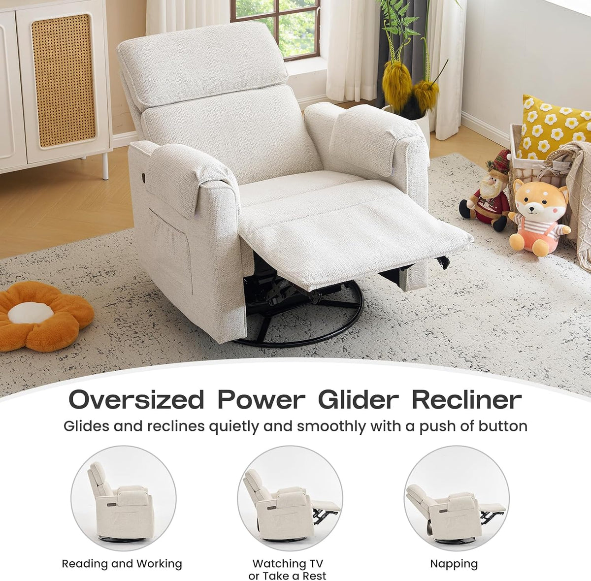 Oversized Power Recliner Chair Swivel Glider with Adjustable Headrest, 24" Extra Wide Glider Nursery Chair with Overstuffed Armrest, USB Ports, Chenille Fabric, Cream