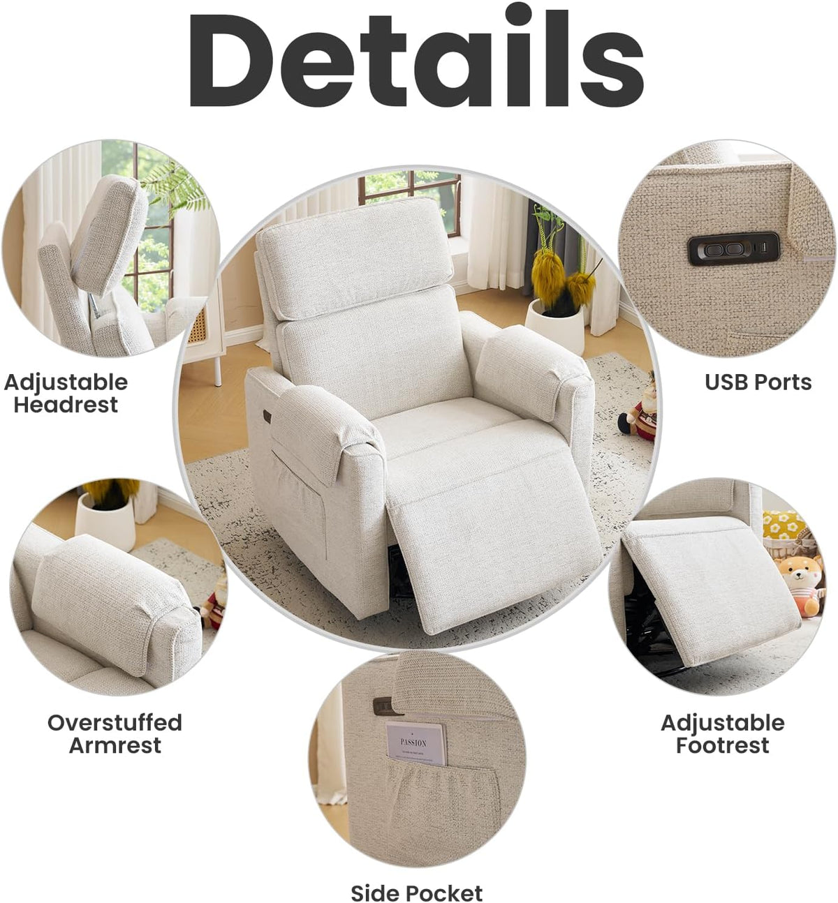 Oversized Power Recliner Chair Swivel Glider with Adjustable Headrest, 24" Extra Wide Glider Nursery Chair with Overstuffed Armrest, USB Ports, Chenille Fabric, Cream