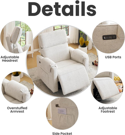 Oversized Power Recliner Chair Swivel Glider with Adjustable Headrest, 24" Extra Wide Glider Nursery Chair with Overstuffed Armrest, USB Ports, Chenille Fabric, Cream