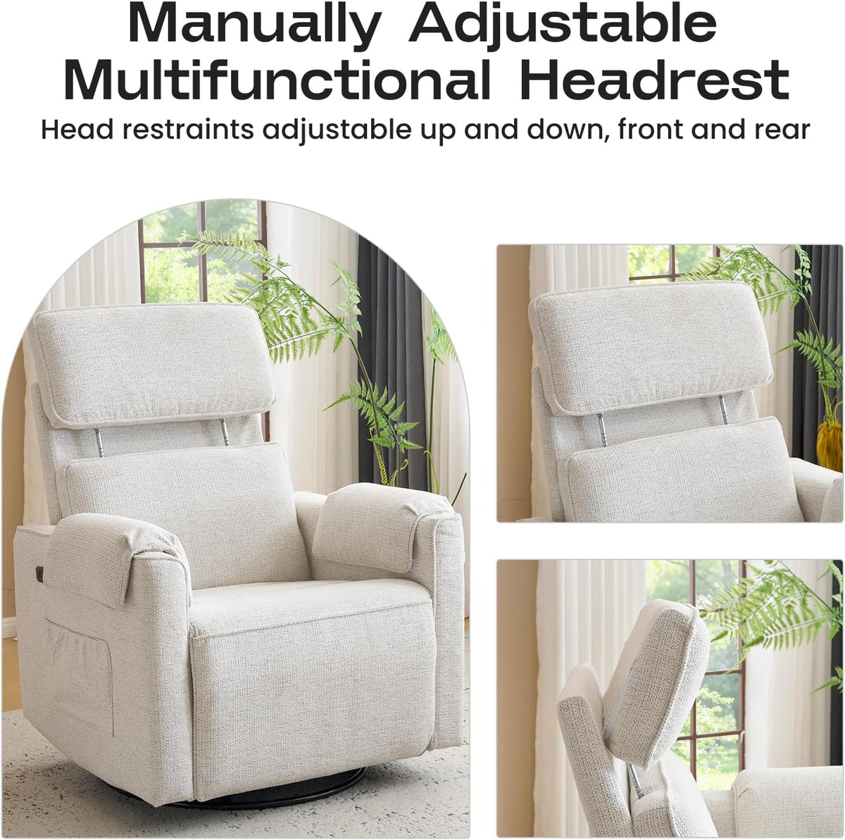 Oversized Power Recliner Chair Swivel Glider with Adjustable Headrest, 24" Extra Wide Glider Nursery Chair with Overstuffed Armrest, USB Ports, Chenille Fabric, Cream