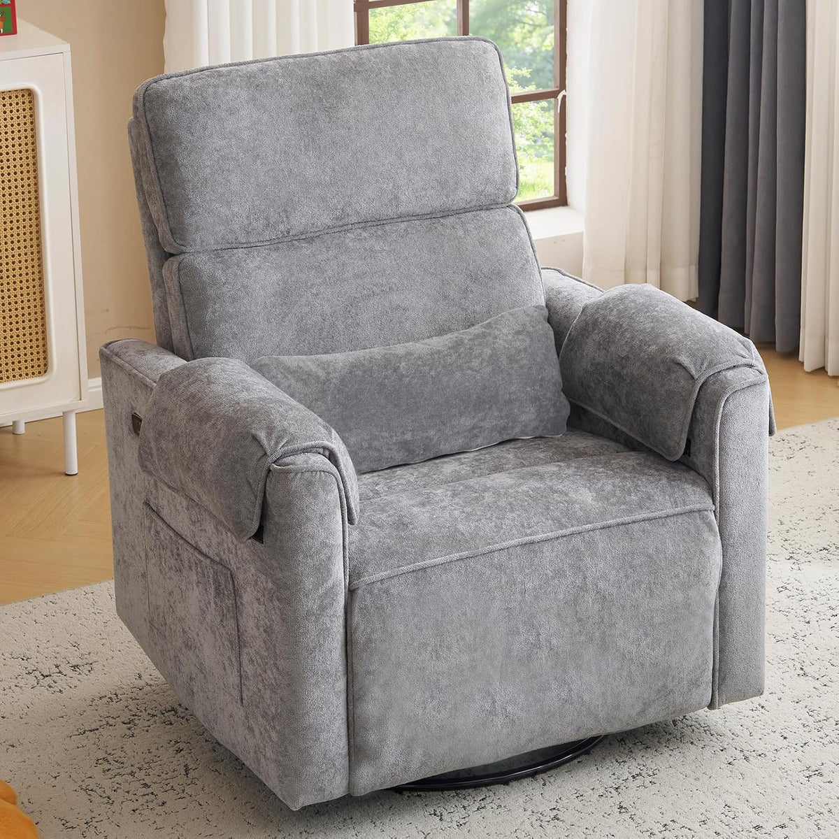 Oversized Power Recliner Chair Swivel Glider with Adjustable Headrest, 24" Extra Wide Glider Nursery Chair with Overstuffed Armrest, USB Ports, Chenille Fabric, Cream