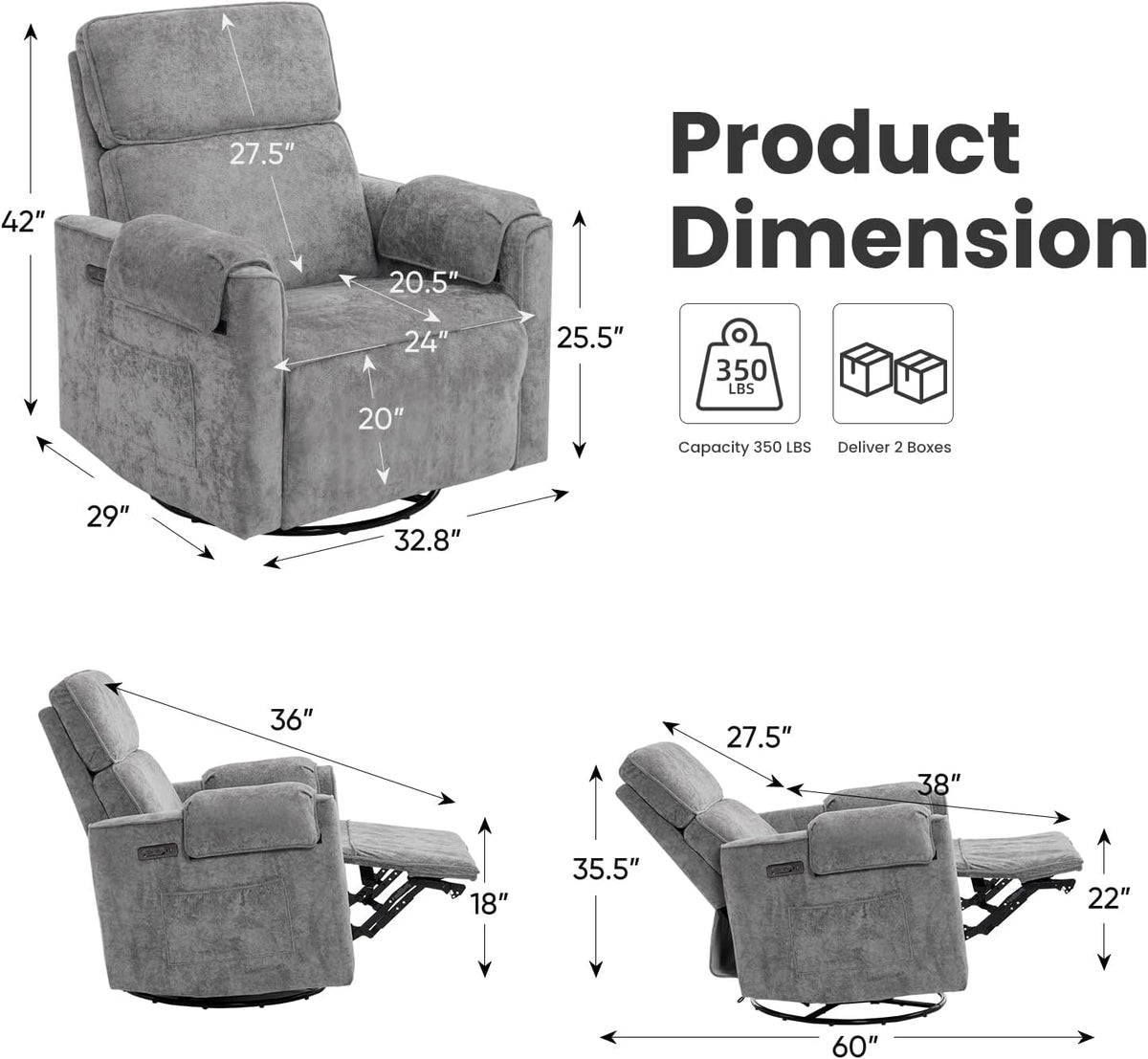 Oversized Power Recliner Chair Swivel Glider with Adjustable Headrest, 24" Extra Wide Glider Nursery Chair with Overstuffed Armrest, USB Ports, Chenille Fabric, Cream