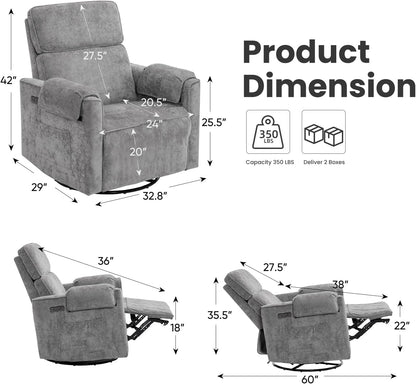 Oversized Power Recliner Chair Swivel Glider with Adjustable Headrest, 24" Extra Wide Glider Nursery Chair with Overstuffed Armrest, USB Ports, Chenille Fabric, Cream