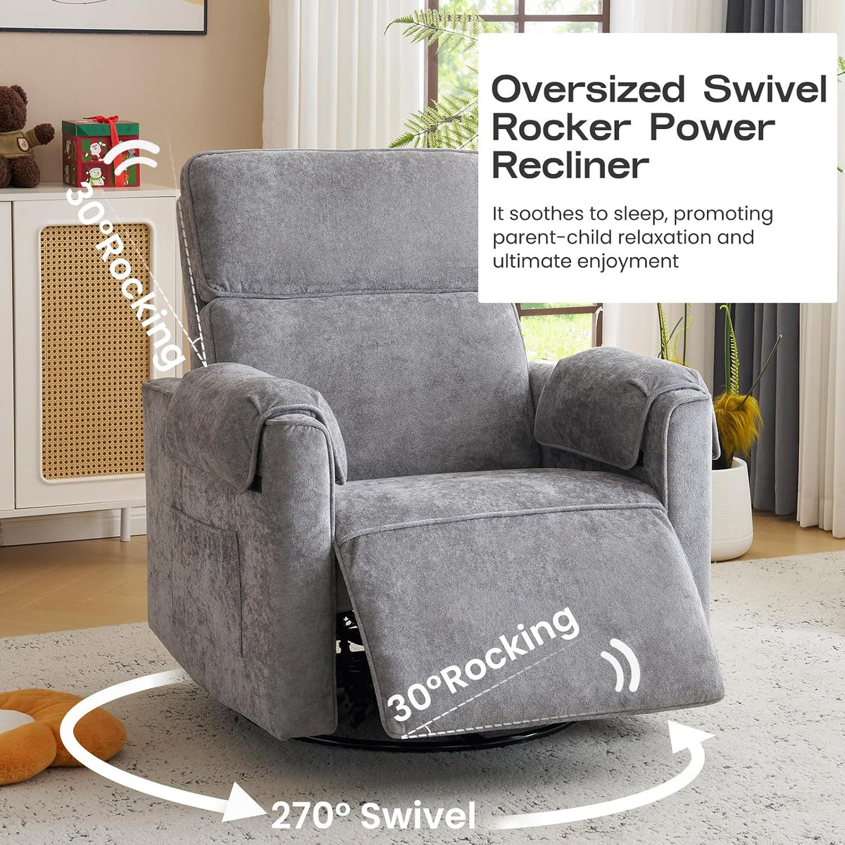 Oversized Power Recliner Chair Swivel Glider with Adjustable Headrest, 24" Extra Wide Glider Nursery Chair with Overstuffed Armrest, USB Ports, Chenille Fabric, Cream