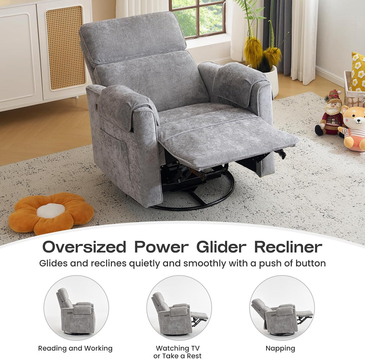 Oversized Power Recliner Chair Swivel Glider with Adjustable Headrest, 24" Extra Wide Glider Nursery Chair with Overstuffed Armrest, USB Ports, Chenille Fabric, Cream