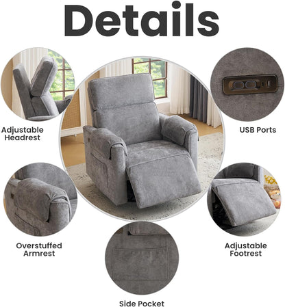 Oversized Power Recliner Chair Swivel Glider with Adjustable Headrest, 24" Extra Wide Glider Nursery Chair with Overstuffed Armrest, USB Ports, Chenille Fabric, Cream