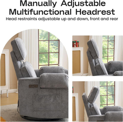 Oversized Power Recliner Chair Swivel Glider with Adjustable Headrest, 24" Extra Wide Glider Nursery Chair with Overstuffed Armrest, USB Ports, Chenille Fabric, Cream
