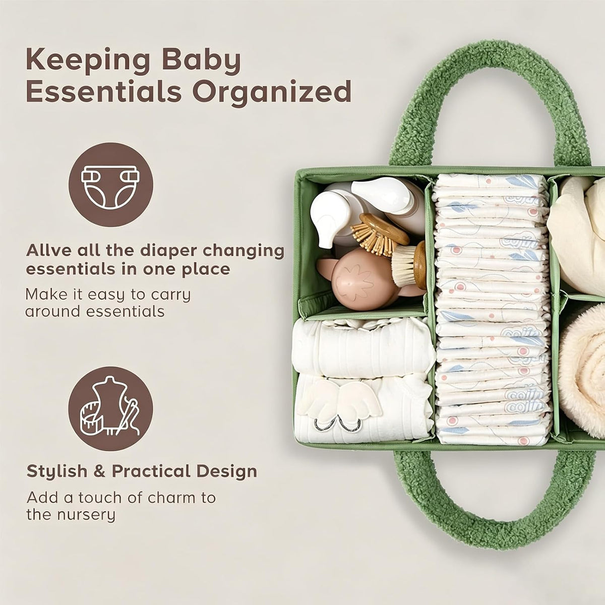 Baby Diaper Caddy Organizer with Handle, Large Nursery Storage Basket for Newborn Essentials, Wipes, Diapers, Lotions and Baby Items, Portable Diaper Storage Basket with Removable Dividers