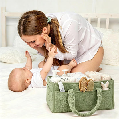 Baby Diaper Caddy Organizer with Handle, Large Nursery Storage Basket for Newborn Essentials, Wipes, Diapers, Lotions and Baby Items, Portable Diaper Storage Basket with Removable Dividers
