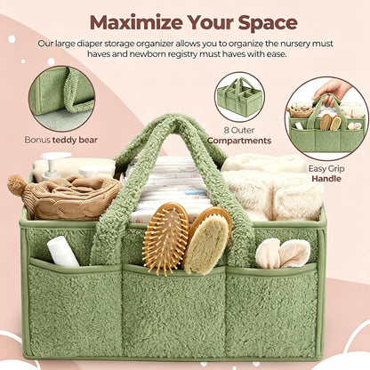Baby Diaper Caddy Organizer with Handle, Large Nursery Storage Basket for Newborn Essentials, Wipes, Diapers, Lotions and Baby Items, Portable Diaper Storage Basket with Removable Dividers