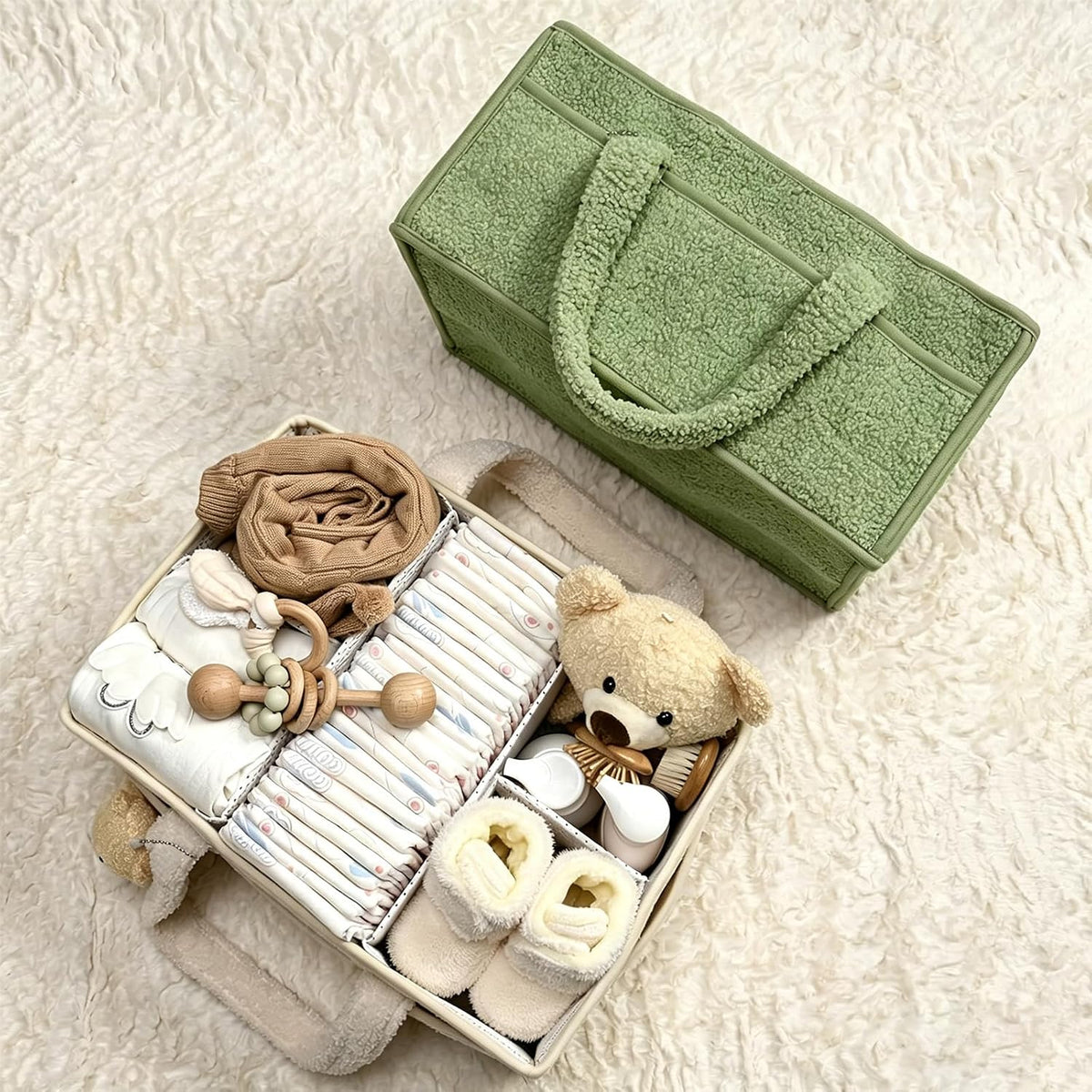 Baby Diaper Caddy Organizer with Handle, Large Nursery Storage Basket for Newborn Essentials, Wipes, Diapers, Lotions and Baby Items, Portable Diaper Storage Basket with Removable Dividers