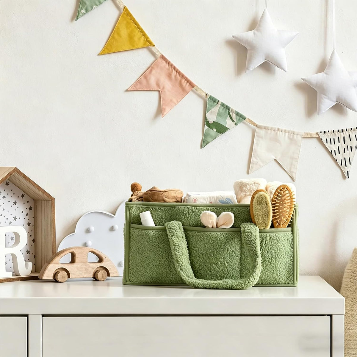 Baby Diaper Caddy Organizer with Handle, Large Nursery Storage Basket for Newborn Essentials, Wipes, Diapers, Lotions and Baby Items, Portable Diaper Storage Basket with Removable Dividers