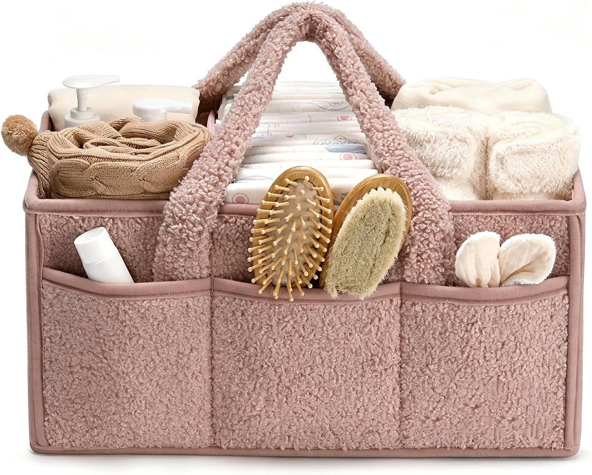 Baby Diaper Caddy Organizer with Handle, Large Nursery Storage Basket for Newborn Essentials, Wipes, Diapers, Lotions and Baby Items, Portable Diaper Storage Basket with Removable Dividers
