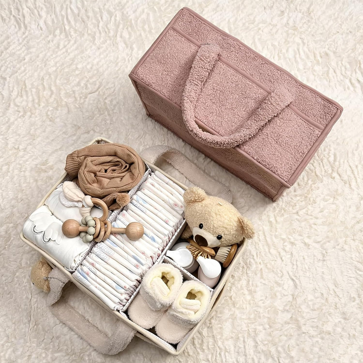 Baby Diaper Caddy Organizer with Handle, Large Nursery Storage Basket for Newborn Essentials, Wipes, Diapers, Lotions and Baby Items, Portable Diaper Storage Basket with Removable Dividers
