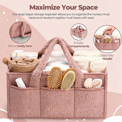 Baby Diaper Caddy Organizer with Handle, Large Nursery Storage Basket for Newborn Essentials, Wipes, Diapers, Lotions and Baby Items, Portable Diaper Storage Basket with Removable Dividers