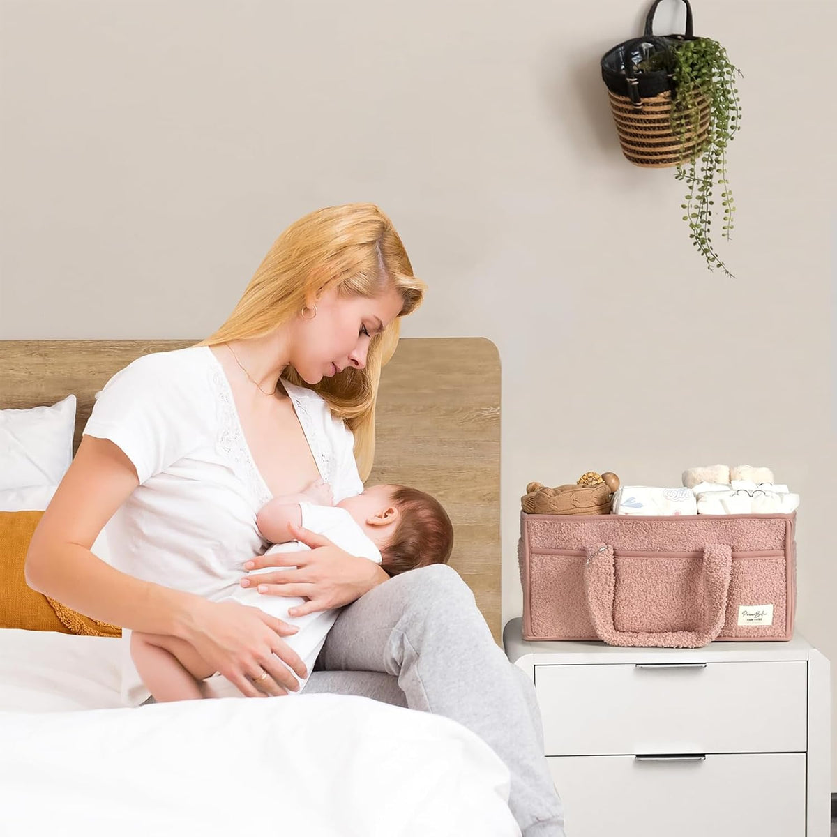 Baby Diaper Caddy Organizer with Handle, Large Nursery Storage Basket for Newborn Essentials, Wipes, Diapers, Lotions and Baby Items, Portable Diaper Storage Basket with Removable Dividers