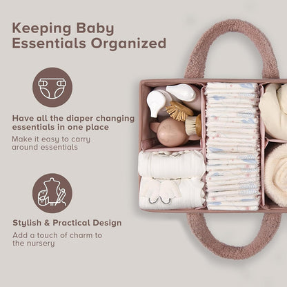 Baby Diaper Caddy Organizer with Handle, Large Nursery Storage Basket for Newborn Essentials, Wipes, Diapers, Lotions and Baby Items, Portable Diaper Storage Basket with Removable Dividers